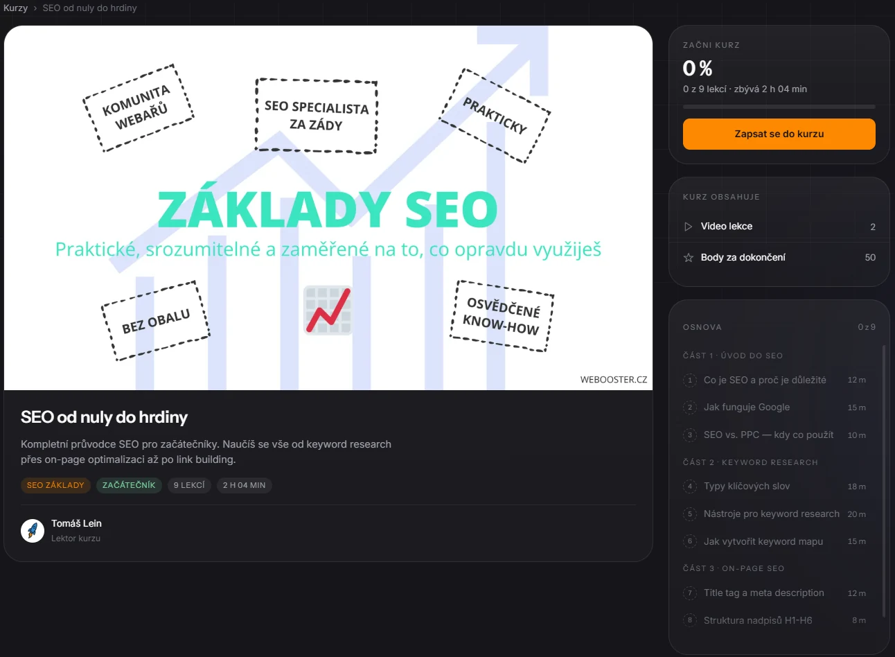 Detail kurzu SEO od nuly do hrdiny s osnovou lekcí